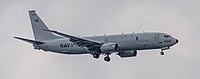 A US Navy P-8 Poseidon, tail number 168429, on final approach at Kadena Air Base in Okinawa, Japan.