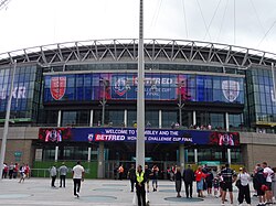 Signage for both the Men's and Women's 2023 Challenge Cup Finals at Wembley Stadium.