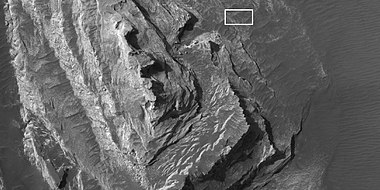 Enlargement of white butte, as seen by HiRISE under HiWish program. Box shows size of a football field.