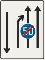414-11 Zníženie počtu jazdných pruhov (vľavo, pokračujú 2 pruhy + 1 v protismere + regulačná značka)