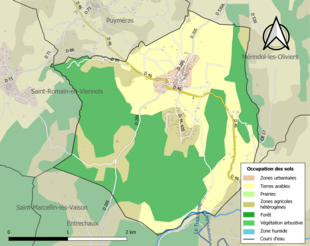 Barevná mapa znázorňující využití půdy.