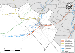 Carte en couleur présentant le réseau hydrographique de la commune