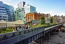 The High line, a rail-to-trail elevated linear park, is an urban greenway in Manhattan. AHigh Line Park, Section 1a.jpg