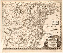 1754 map of British plantations in North America, showing "Pikkavalinna, an English Fort" on the G[reat] Miyamis R[iver] directly south of Lake Michigan. A map of the British American plantations, extending from Boston in New England to Georgia - including all the back settlements in the respective provinces as far as the Mississipi LOC 2017585923.jpg