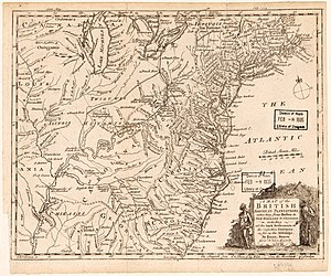 1754 map of British plantations in North America, showing "Kuskuskas, Delawar," center of map. A map of the British American plantations, extending from Boston in New England to Georgia - including all the back settlements in the respective provinces as far as the Mississipi LOC 2017585923.jpg