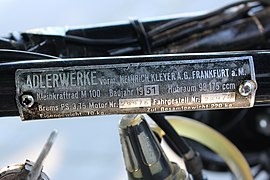 Nameplate on an Adler M 100 from 1951