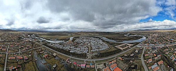 Aerial panorama of Waqie Talin 瓦切塔林 in Hongyuan county.