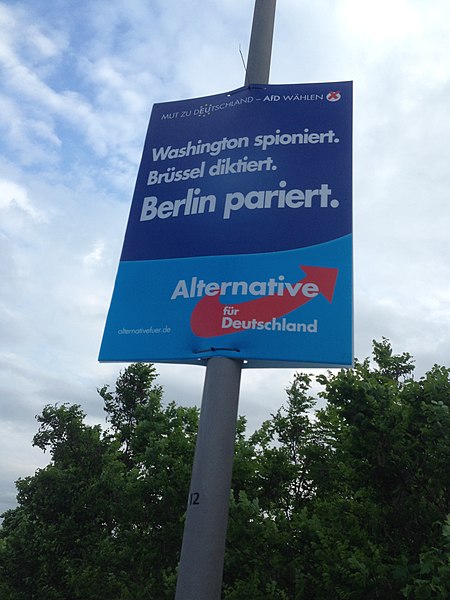 AfD election poster from 2014. The slogan translates as "Washington spies. Brussels dictates. Berlin obeys."