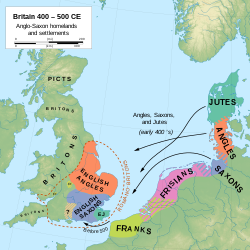 Anglų (oranžinė) ir saksų (mėlyna) paplitimas Britų salose, apie 500 m. e. m.