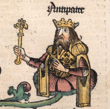 דמותו של אנטיפטרוס ומעליה כיתוב שמו, ב"כרוניקת נירנברג" משנת 1493