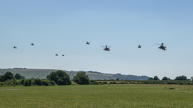 Eight Apache attack helicopters of 3 Regiment Army Air Corps during Exercise Talon Gravis, 2019.