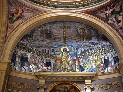Zgodnjekrščanski mozaik v apsidi Santa Pudenziana v Rimu je ohranjen kljub kasnejšim prenovam.