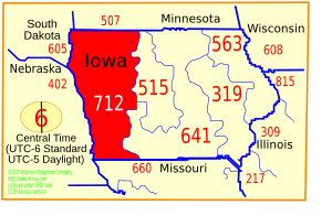 Numbering plan areas of Iowa with the red area indicating area code 712 Area code 712.svg