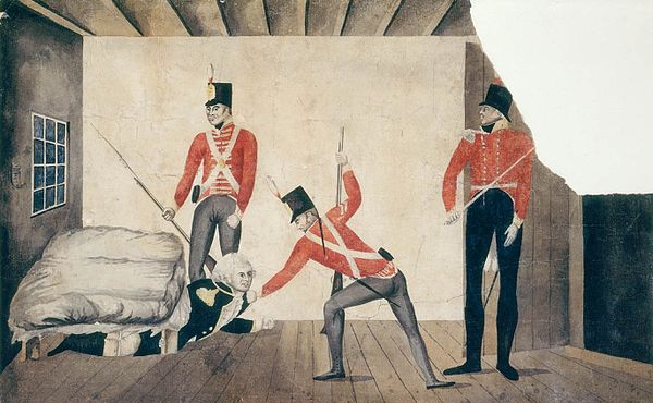 A propaganda cartoon exhibited in Sydney within hours of William Bligh's arrest, portraying him as a coward