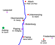 Die Aubinger Pfarrei vom Mittelalter bis ins 19. Jahrhundert. In der Konradinischen Matrikel von 1315 erwähnte Filialen in rot, später erwähnte in violett, die Würm in blau. Langwied und Friedenheim gehörten teilweise zur Pfarrei. Von St. Quirin bis St. Ulrich (Laim) sind es gut 6,5 km Luftlinie.