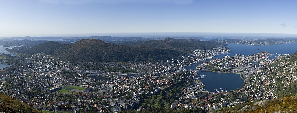 Panoramic view of central Bergen (Bergenhus and Årstad boroughs) from Ulriken