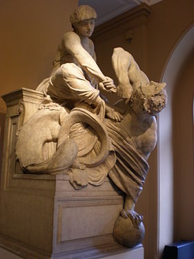 La Vérité et le Mensonge (1857-1866), modèle en plâtre pour le Monument à Wellington, Londres, Victoria and Albert Museum.