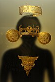 Muisca gold jewellery, including a headband, nose ornament and pectoral, on display at the Gold Museum in Bogota, Colombia.
