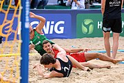 Deutsch: Beachhandball Europameisterschaften 2019 (Beach handball Euro); Tag 6: 7. Juli 2019 – Spiel um Platz Drei, Männer, Ungarn-Russland 2:0 (26:20, 23:22) English: Beach handball Euro; Day 6: 7 July 2019 – Men's Bronze Medal Match – Hungary-Russia 2:0 (26:20, 23:22)