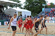 Deutsch: Beachhandball Europameisterschaften 2019 (Beach handball Euro); Tag 6: 7. Juli 2019 – Spiel um Platz Drei, Männer, Ungarn-Russland 2:0 (26:20, 23:22) English: Beach handball Euro; Day 6: 7 July 2019 – Men's Bronze Medal Match – Hungary-Russia 2:0 (26:20, 23:22)