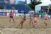 Deutsch: Beachhandball Europameisterschaften 2019 (Beach handball Euro); Tag 5: 6. Juli 2019 – Frauen, Platzierungsspiel für die Ränge 17–20, Nordmazedonien-Slowenien 0:2 (10:13, 9:15) English: Beach handball Euro; Day 5: 6 July 2019 – Placement Match/Cross Match for rank 17–20 Women – North Macedonia-Slovenia 0:2 (10:13, 9:15)