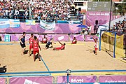 Deutsch: Bachhandball bei den Olympischen Jugendspielen 2018; Tag 3, 9. Oktober 2018; Jungs, Vorrunde, Gruppe B - Argentinien-Mauritius 2:1 English: Beach handball at the 2018 Summer Youth Olympics at 9 October 2018 – Boys Preliminary Round Group B‎ – Argentina-Mautitius 2:1