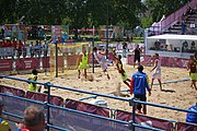 Deutsch: Beachhandball bei den Olympischen Jugendspielen 2018; Tag 4, 10. Oktober 2018; Jungs, Vorrunde, Gruppe A - Spanien-Venezuela 2:0 English: Beach handball at the 2018 Summer Youth Olympics at 10 October 2018 – Boys Preliminary Round Group A – Spain-Venezuela 2:0