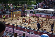 Deutsch: Beachhandball bei den Olympischen Jugendspielen 2018; Tag 3, 10. Oktober 2018; Mädchen, Vorrunde, Gruppe B - Niederlande-Argentinien 2:0 English: Beach handball at the 2018 Summer Youth Olympics at 10 October 2018 – Girls Preliminary Round Group B‎ – Netherlands-Argentina 2:0