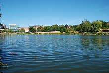 The UCLouvain Aula Magna seen from the Louvain-la-Neuve lake. Belgique - Brabant wallon - Lac de Louvain-la-Neuve - 07.jpg