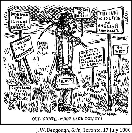 1880 cartoon about land speculation in Canada's Northwest Territories. A settler ("R.W.P." ?) moves to the Northwest Territories, only to find multiple signs telling him that there is no land available for him: "Reserved for Friends of the Governm't", "This Land Sold to Speculators", "Gov't Land Policy: Keep Off'n The Grass", "Keep Off Grass", "This Lot Not for Sale", "Go West", "This Land is Sold to an English Company", and "Parties Wishing to Secure Land in Canada, Go to Kansas".