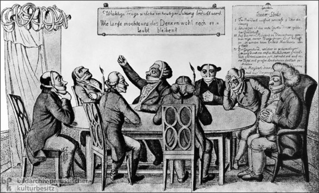 A German caricature mocking the Carlsbad Decrees, which suppressed freedom of expression