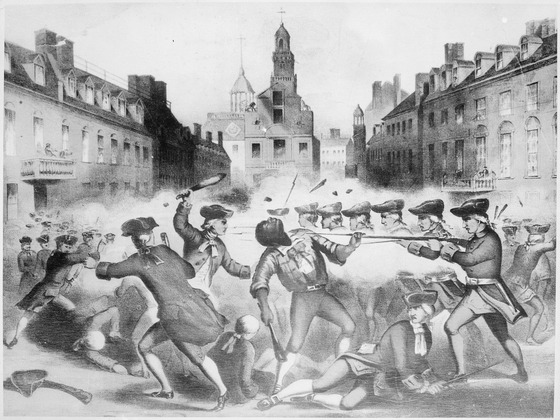 This 19th-century lithograph is a variation of the famous engraving of the Boston Massacre by Paul Revere. Produced soon before the American Civil War and long after the event depicted, this image emphasizes Crispus Attucks, who had become a symbol for abolitionists. (John Bufford after William L. Champey, c. 1856)[27]