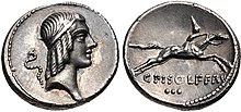 Denarius minted by Gaius Calpurnius Piso Frugi in 67 BC, depicting the head of Apollo on the obverse and a desultor on the reverse. Both sides of the coin refer to the Ludi Apollinares. C. Piso L.f. Frugi, AR denarius, 67 BC, RRC 408-1b.jpg