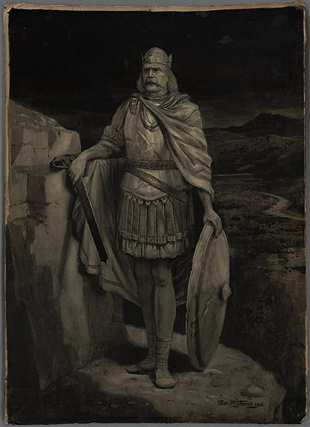 Caradog, leader of the Ordovices who fought his last battle against the Romans in 50 AD. Painting by Thomas Prydderch.