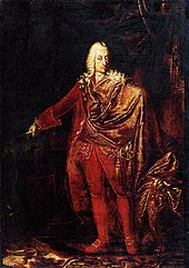 Oil painting of a standing man in red costume draped with a golden cloak