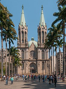 Sao Paulo Cathedral in Brazil is a representative modern cathedral built in Neo-Gothic style. Catedral da Se em Sao Paulo.jpg
