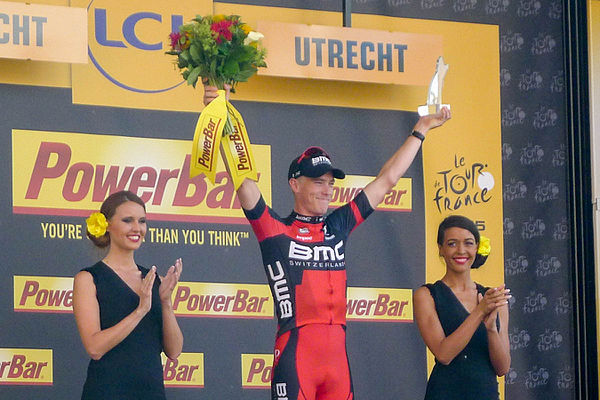 Rohan Dennis (BMC Racing Team), here shown after winning the first stage of the 2015 Tour de France, was the defending champion and one of the favouri