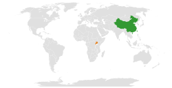 Mapa označující umístění Číny a Ugandy