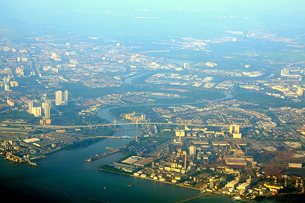 Aerial view of the Perai River estuary with Bagan Dalam (left) and Perai (right)