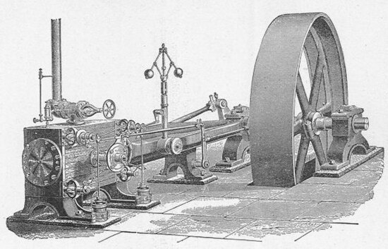 A Corliss steam engine – the valve gear is on the right of the cylinder block, on the left of the picture