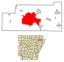 Craighead County Arkansas Incorporated and Unincorporated areas Jonesboro Highlighted 0535710.svg