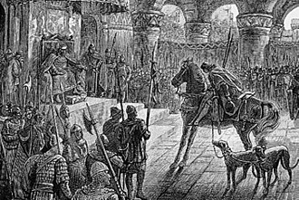 Culhwch entering Arthur's Court in the Welsh tale Culhwch and Olwen, 1881 Culhwch.jpg