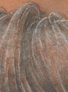 Detail of drapery: black stone, grey chalk, brown ink wash and white gouache in glazes blend densely and intricately. Detail de draperie sur l'etude de la main droite de la Vierge.png
