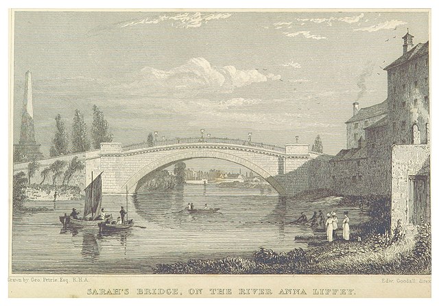 "Sarah's Bridge on the River Anna Liffey" (1831) Sarah's Bridge is today called Island Bridge. The then-new Wellington Monument is seen on the left