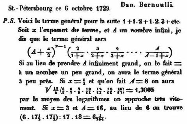 Daniel Bernoulli's letter to Christian Goldbach, October 6, 1729