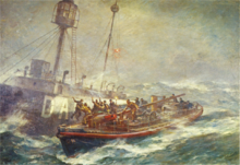 1974 postage stamp marking the RNLI's 150th anniversary (rescue of Daunt Lightship's crew by Ballycotton lifeboat RNLB Mary Stanford. Artist: B. F. Gribble) DauntRescueGribble.png