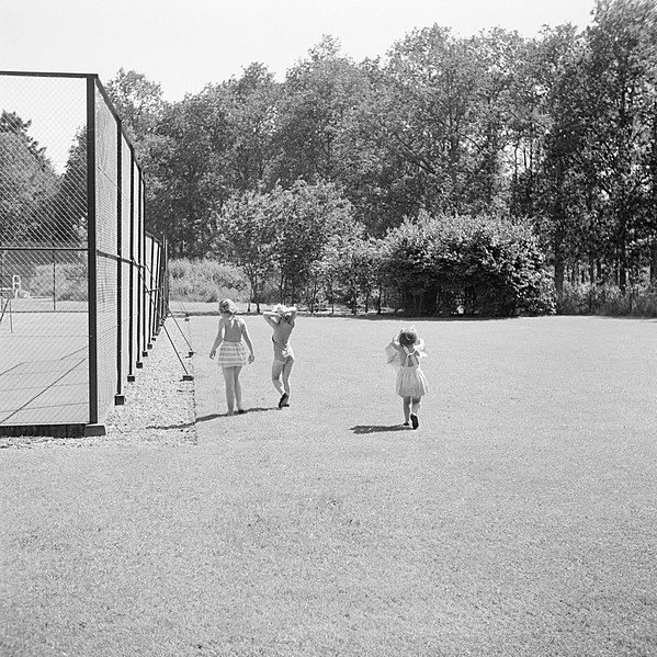 File:De prinsessen Beatrix, Irene en Margriet lopen langs de tennisbaan in het park v, Bestanddeelnr 255-7861.jpg