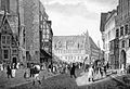 Der Marktplatz mit dem Alten Rathaus im Hintergrund 1834. Lithografie von Rudolf Wiegmann.