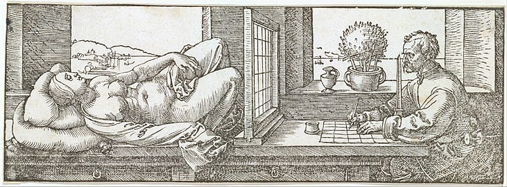 Draughtsman Making a Perspective Drawing of a Reclining Woman, Albrecht Dürer (c. 1600)