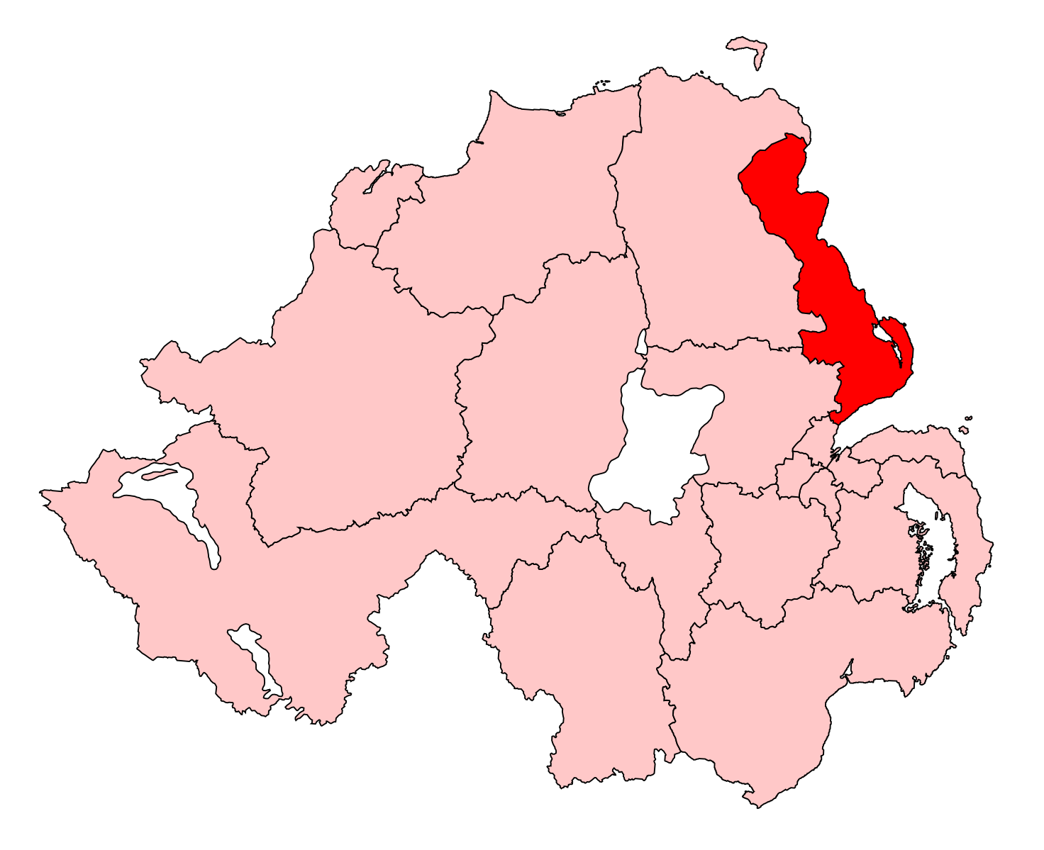 Средний округ. Избирательные округа Ирландия. Округ Антрим на карте км. Northern Ireland in Globus without background.